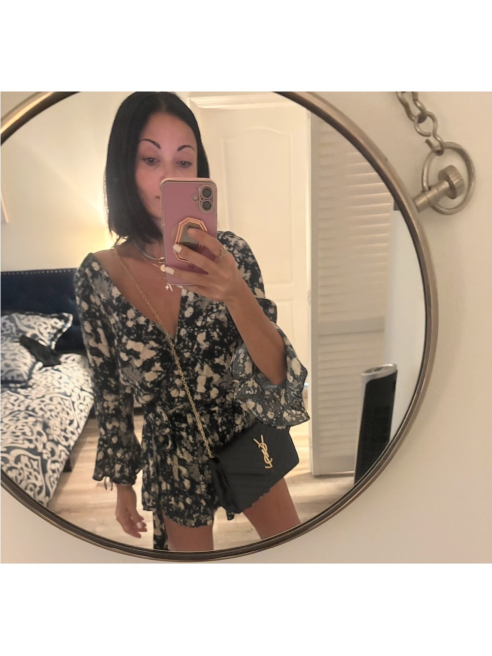 Stunning Free People XS Abstract Print Faux Wrap Bell Sleeve Shorts Romper